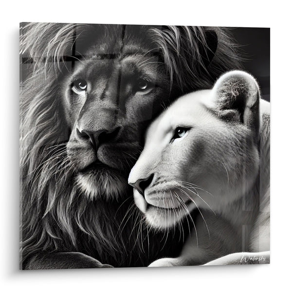 Tableau Lion et lionne noir et blanc tendres - Tendresse sauvage - Edition Lion