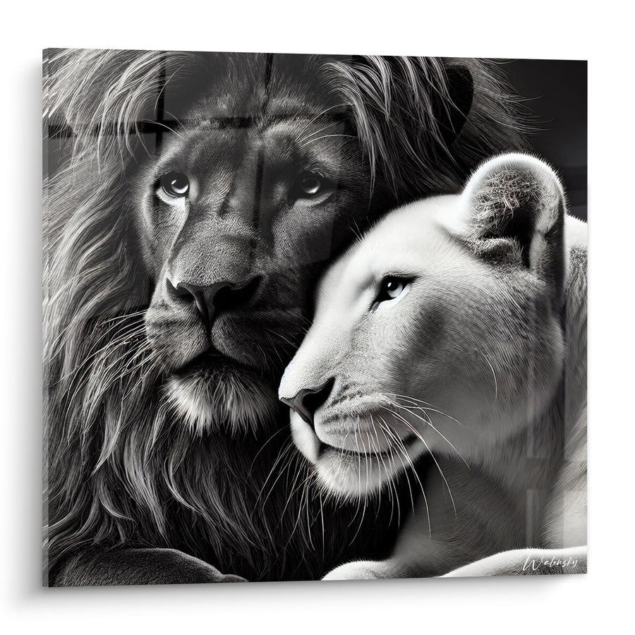 Tableau Lion et lionne noir et blanc tendres - Tendresse sauvage - Edition Lion
