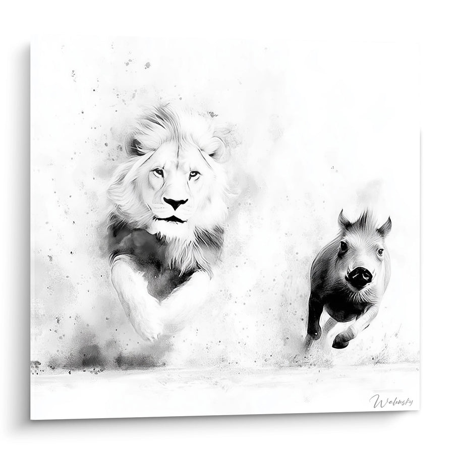 Tableau noir et blanc lion majestueux et compagnon en mouvement - Duo sauvage - Edition Lion