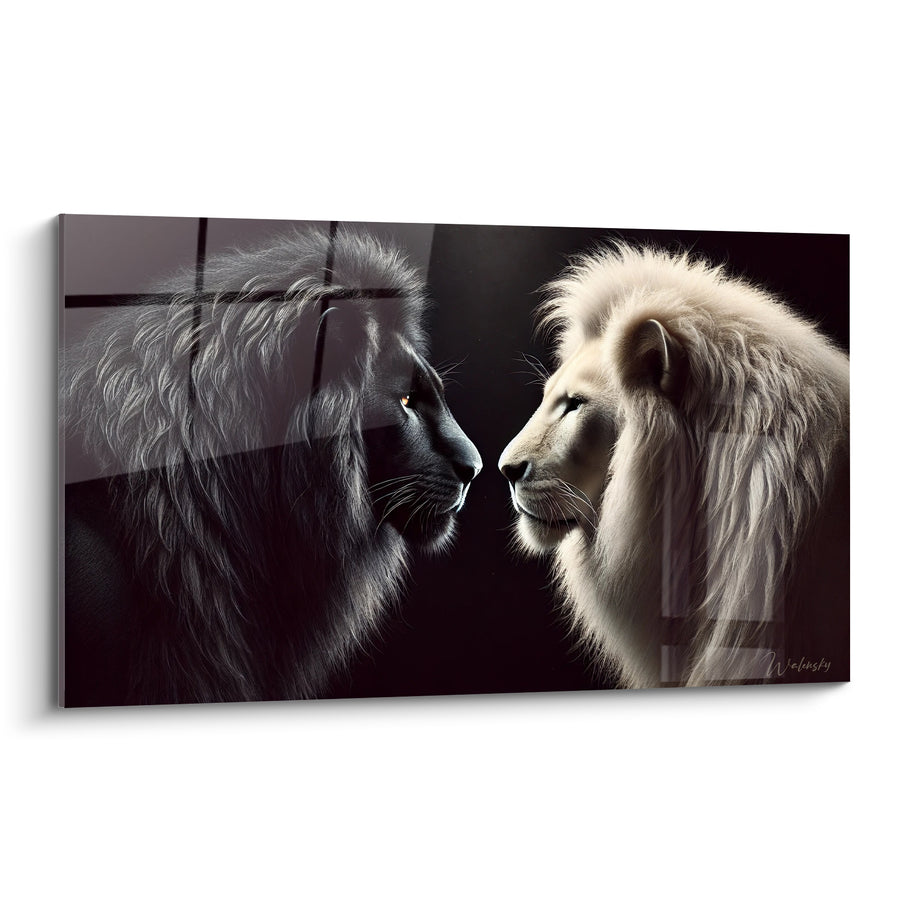 Tableau Lions noir et ivoire œil doré - Crinières opposées - Edition Lion