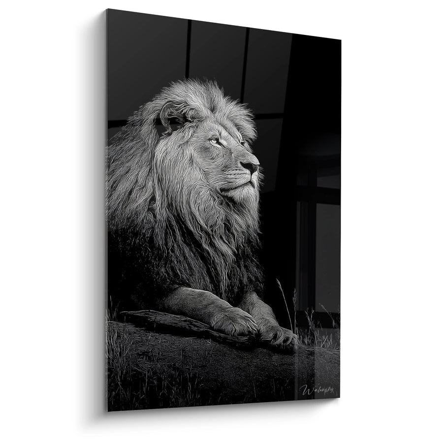 Cuadro León Majestuoso en Blanco y Negro - Retrato Noble con Mirada Penetrante - Edición León