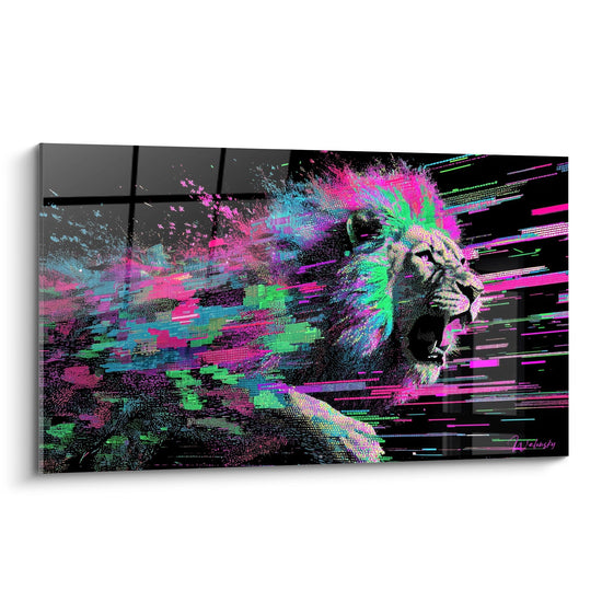 Tableau lion portrait numerique eclaboussures multicolores rose vert bleu effet glitch art moderne