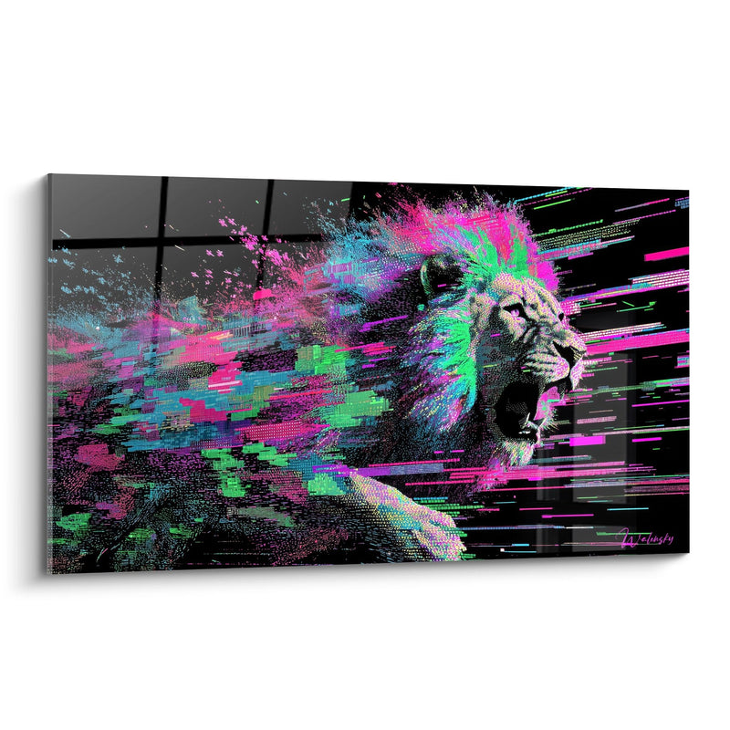 Tableau Lion Numérique aux Éclaboussures Multicolores - Explosion Digitale - Edition Lion