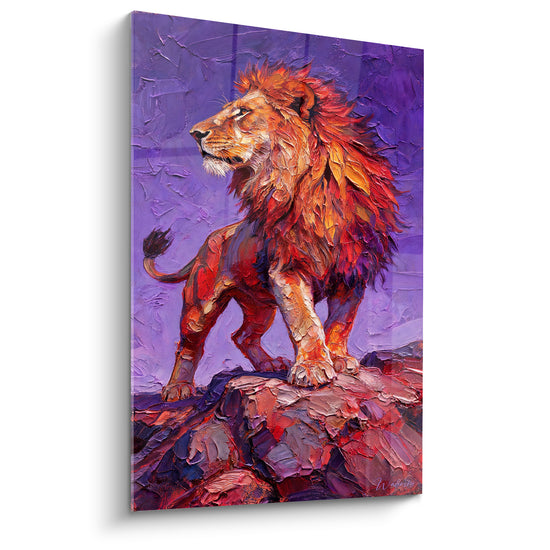 Tableau Lion debout sur rocher fond violet et orange - Empâtements au couteau - Edition Lion