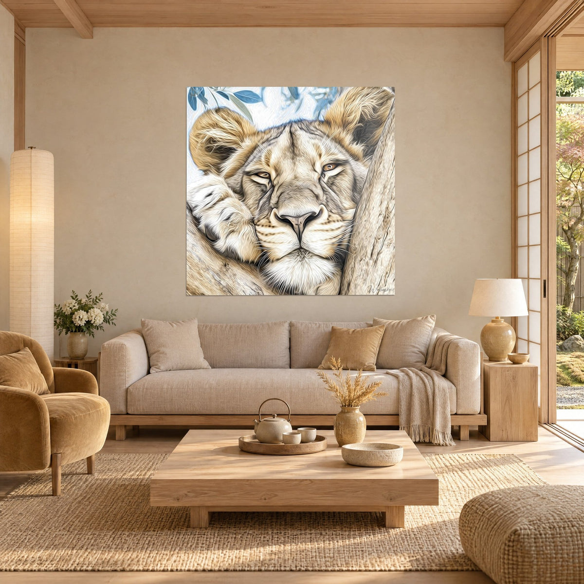 Tableau lionne assoupie aux yeux mi-clos, pelage sable et crème, feuilles bleutées, au-dessus d'un canapé dans un salon lumineux