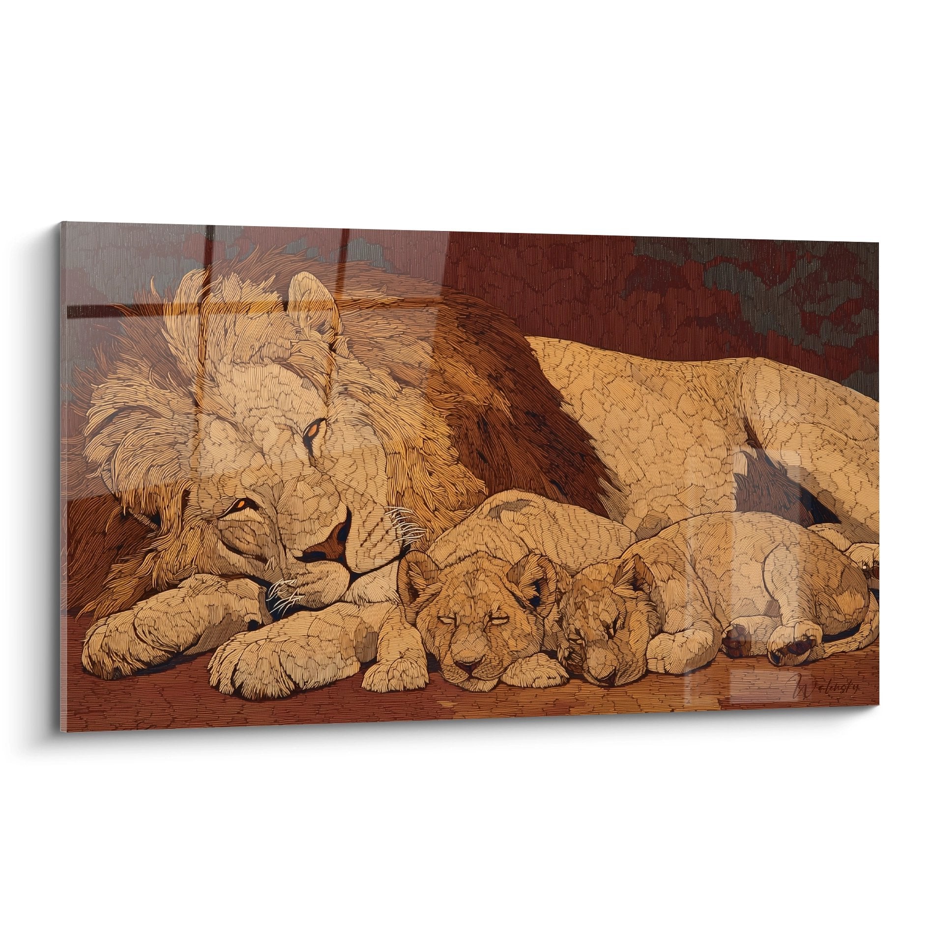 Tableau lion père et lionceaux endormis tons ocre cuivre style gravure sur bois famille tendresse