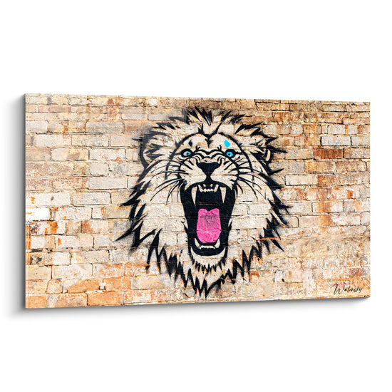 Tableau Pochoir noir et blanc gueule rose - Yeux bleu turquoise - Edition Lion