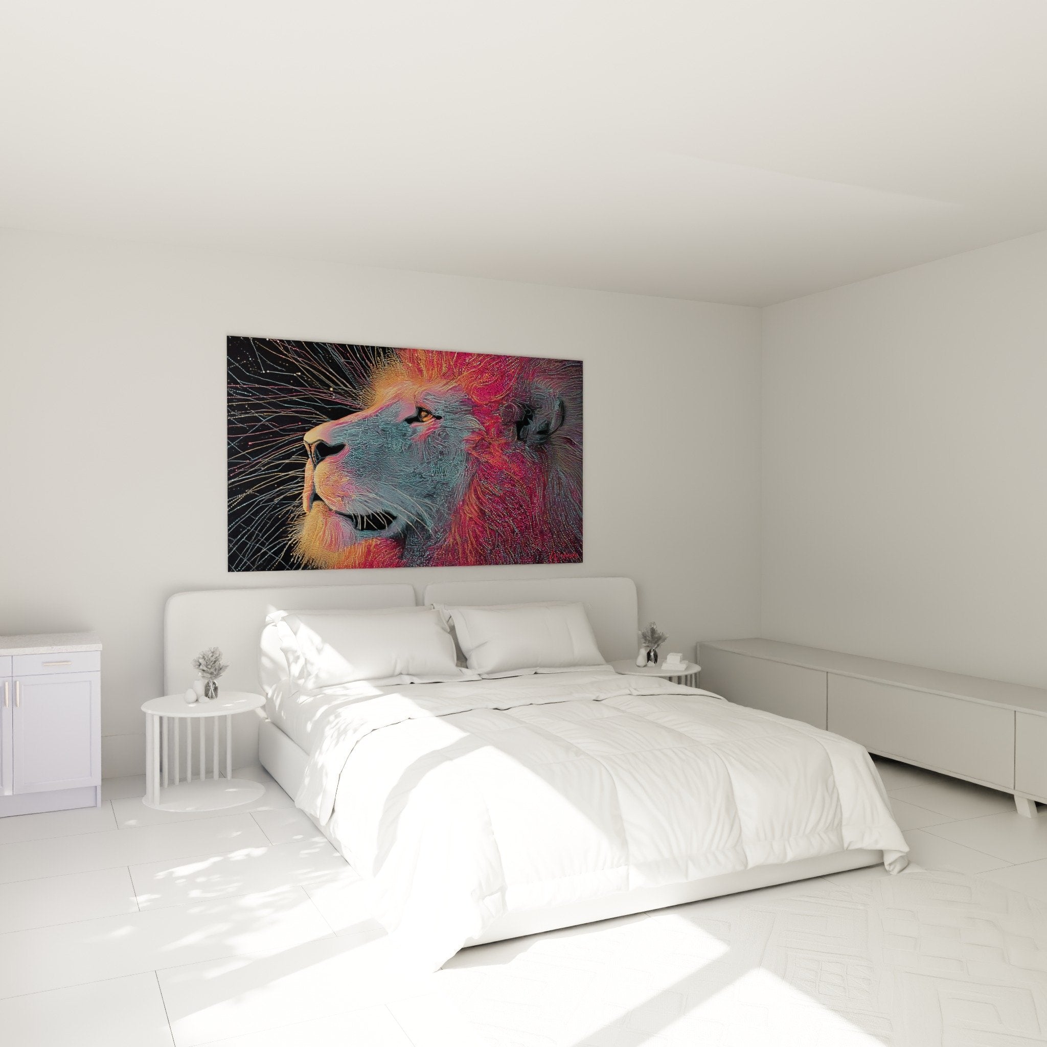 Quadro leone pointillista mosaico colori vivaci decorazione camera moderna arte animalier contemporanea murale