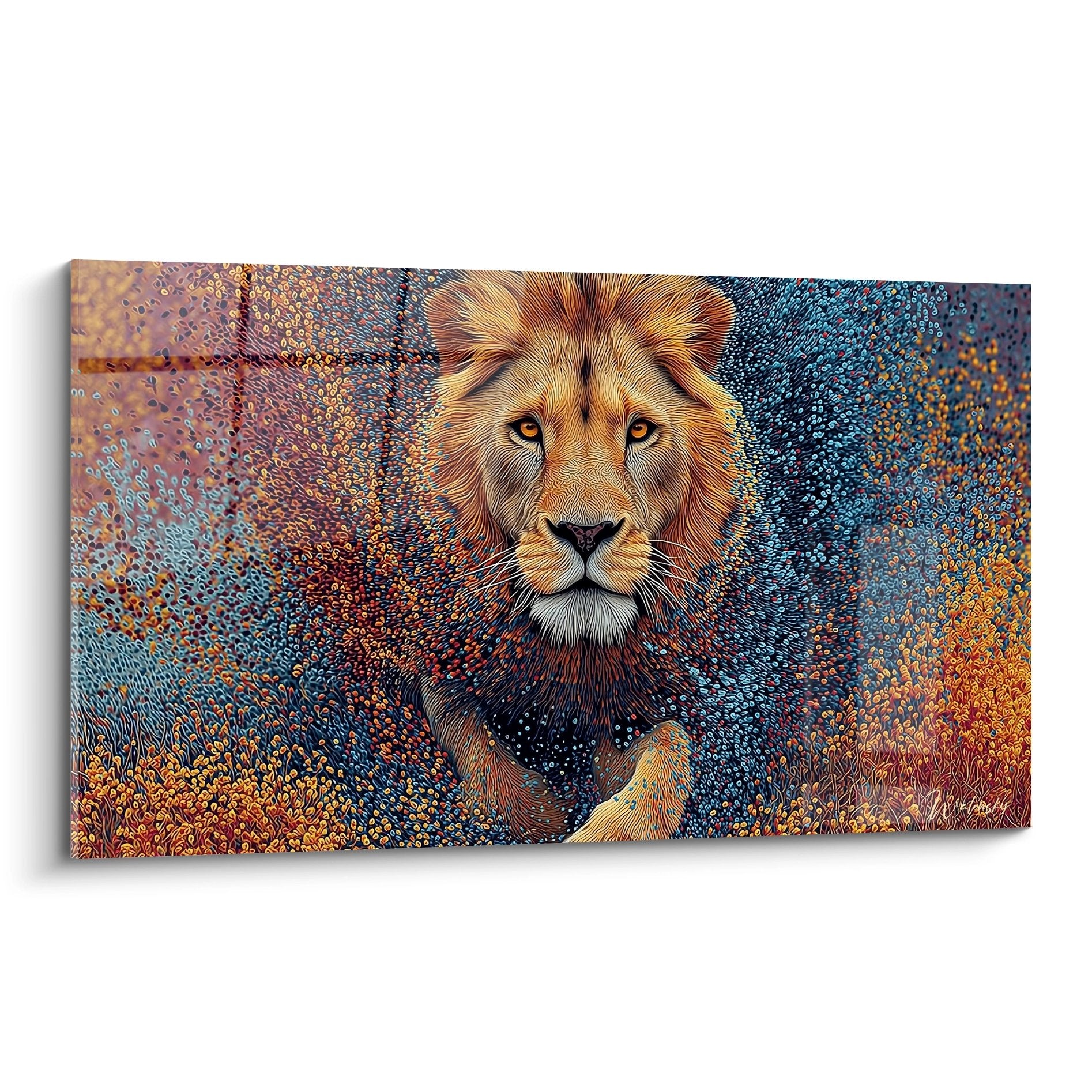 quadro leone pointillista colori dorati blu sguardo intenso criniera maestosa arte moderna decorazione