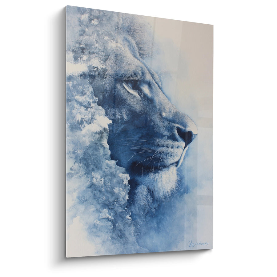 Tableau Lion en Profil aux Nuances Bleues et Blanches - Majesté Aquarelle - Edition Lion