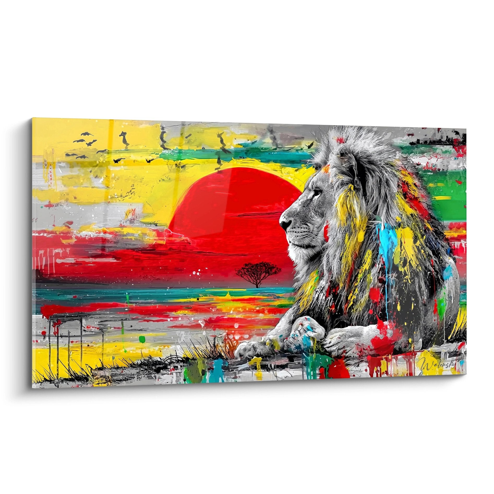 lion profile splatter painting vibrant colors red yellow blue modern wall art