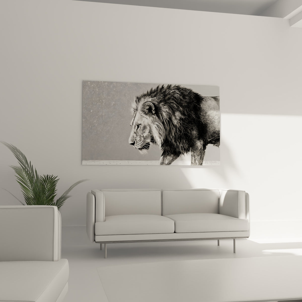 Prédateur de profil, pelage blanc et gris fumé, positionné au-dessus d'un canapé dans un salon lumineux