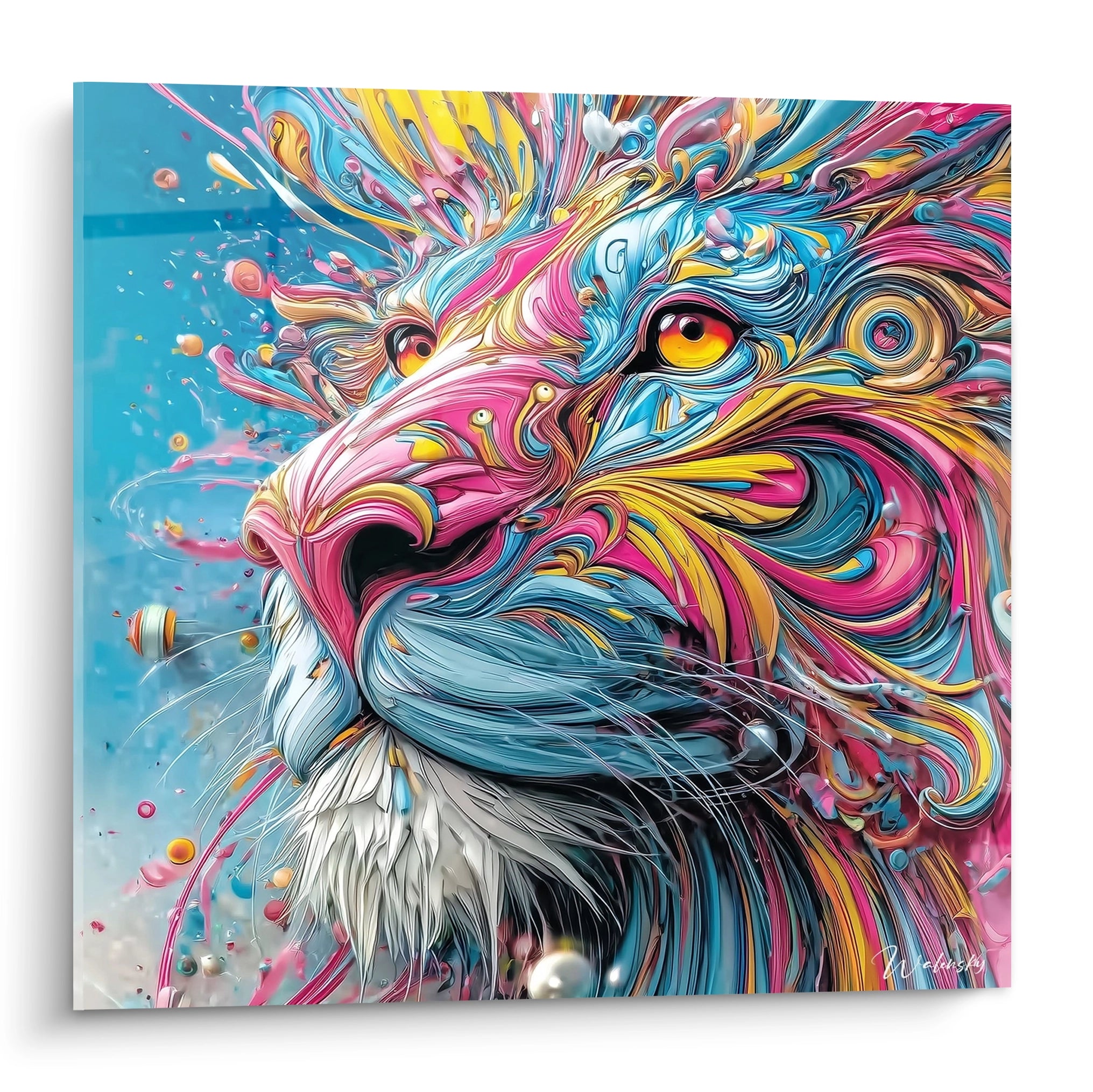 Tableau mural lion psychédélique aux couleurs vives bleu rose jaune art moderne décoratif