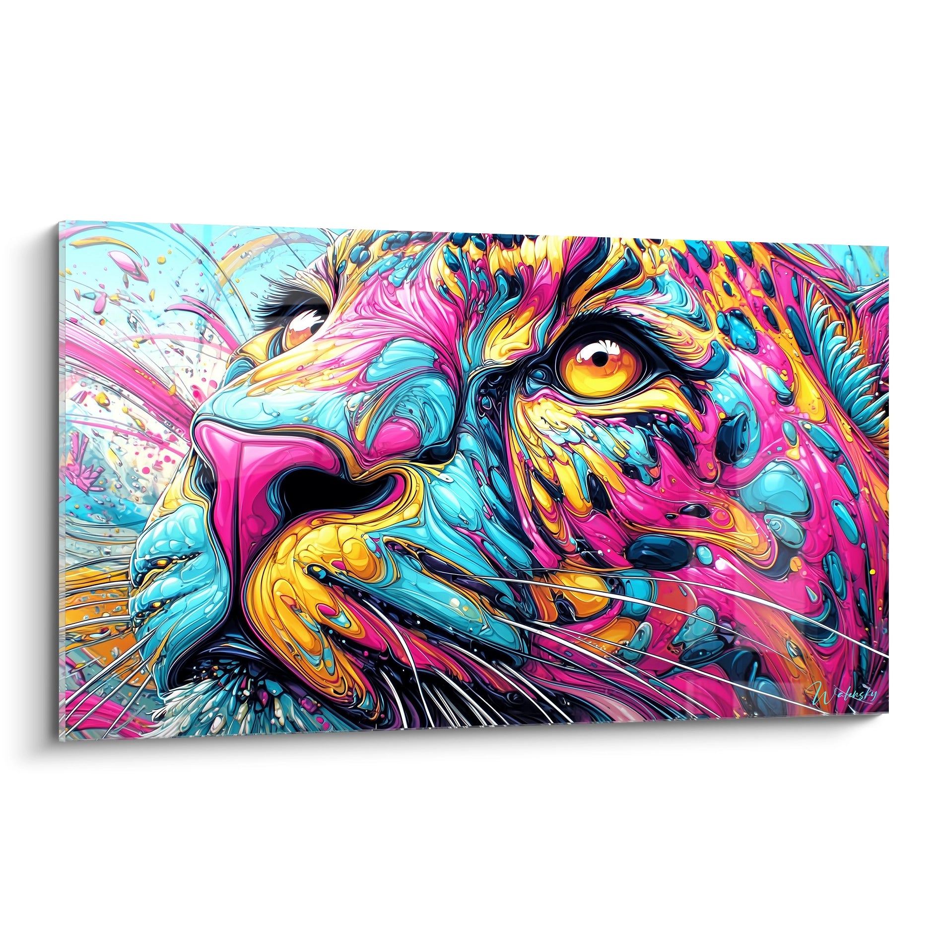 Tableau lion psychédélique aux couleurs vibrantes rose bleu jaune style moderne art contemporain