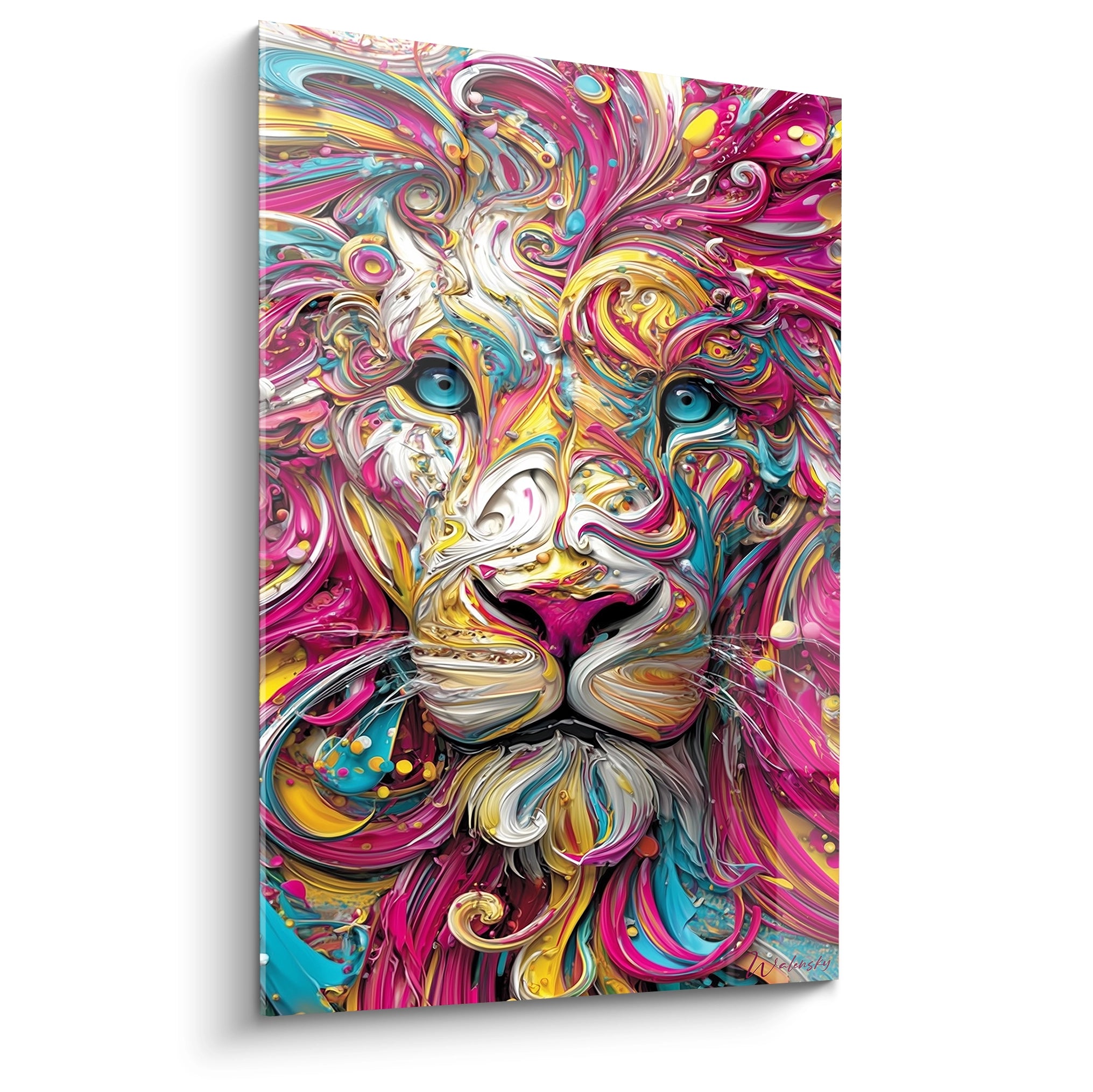 Tableau mural lion psychédélique aux couleurs vives avec crinière multicolore et yeux bleus perçants