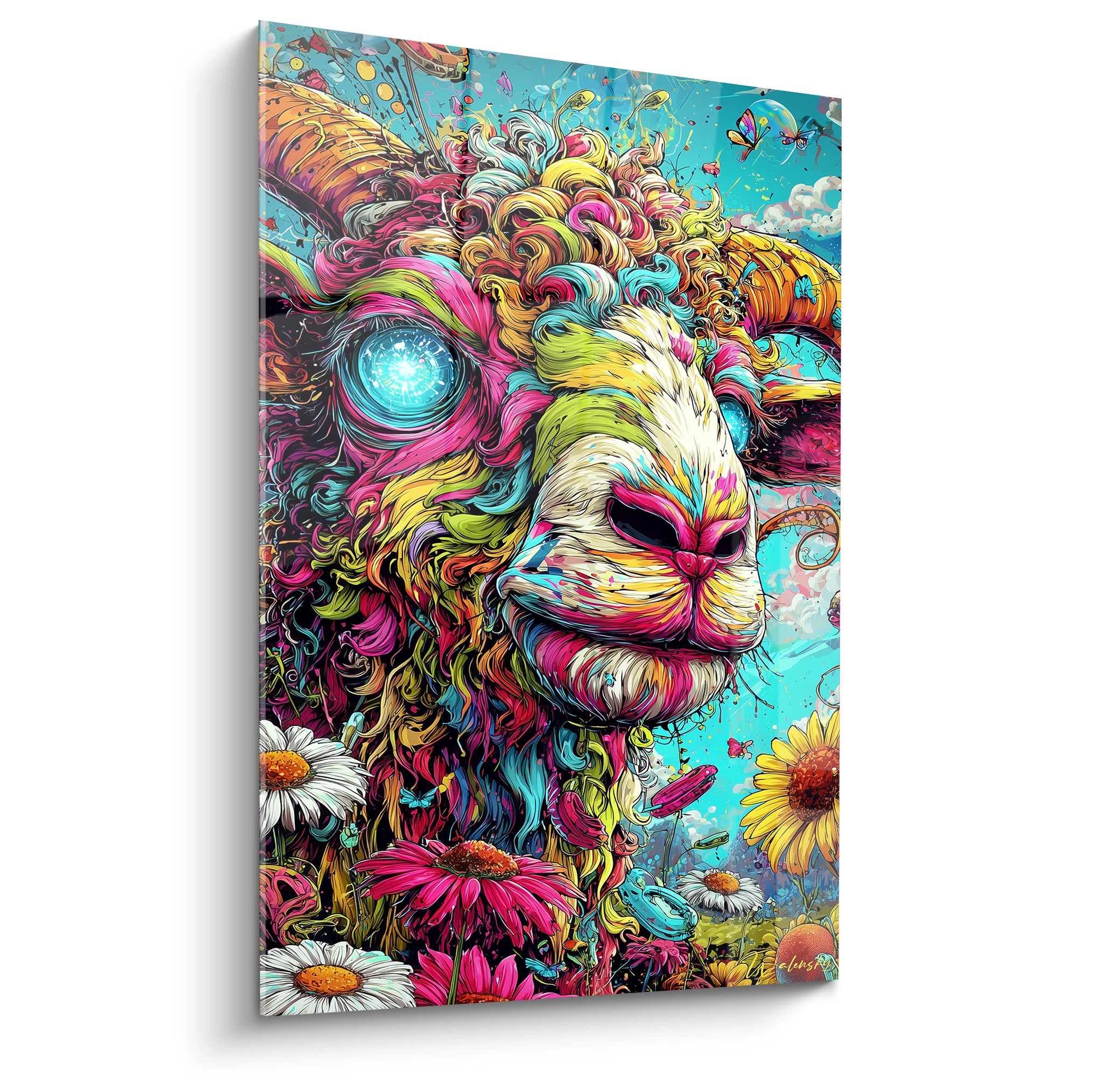 Tableau mural lion psychédélique aux couleurs vives avec crinière multicolore et œil cosmique bleu