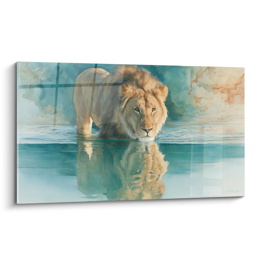 Tableau Lion Majestueux aux Reflets Dorés dans l'Eau Turquoise - Puissance Réfléchie - Edition Lion
