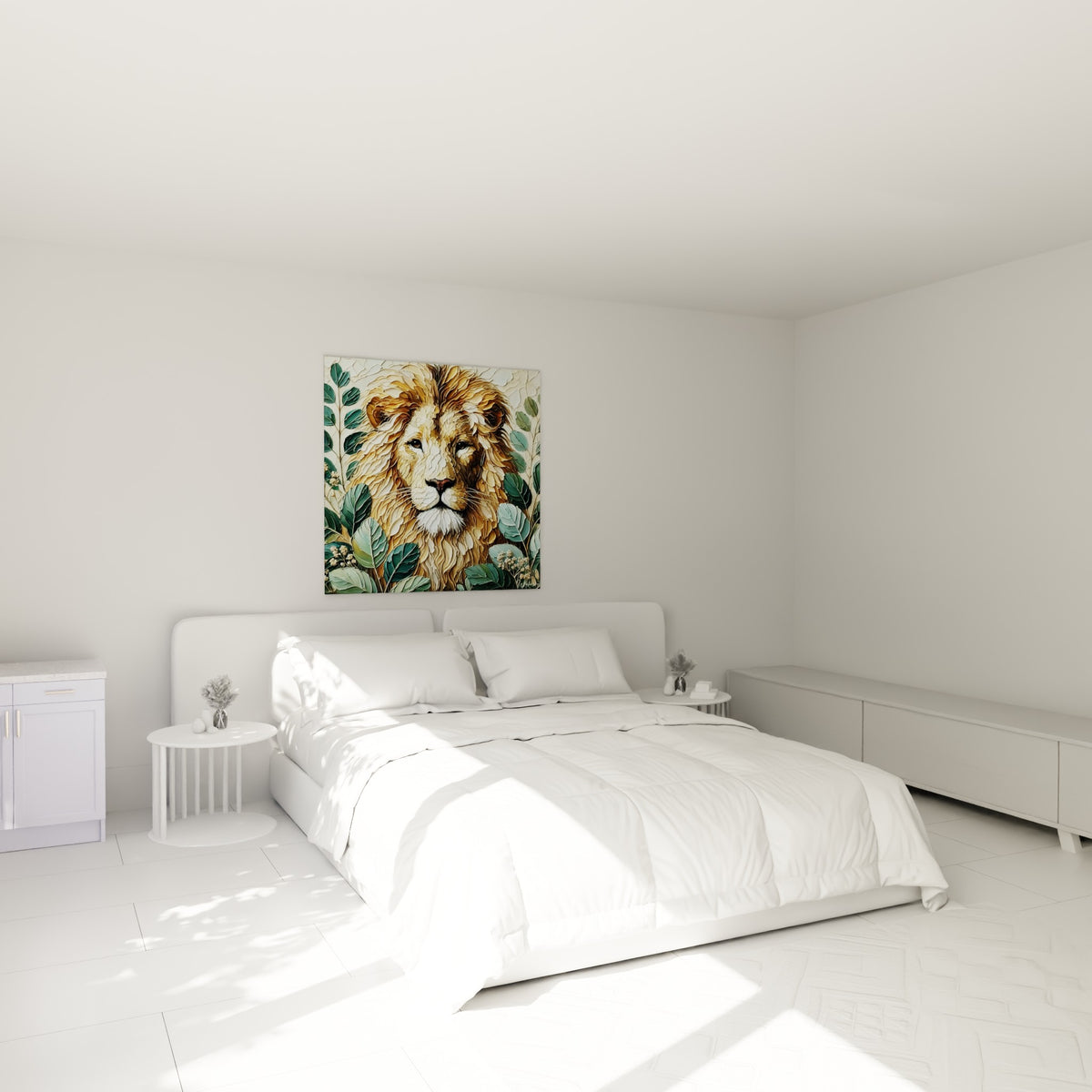 Regard intense du lion doré et ocre placé au-dessus d'un lit dans une chambre claire