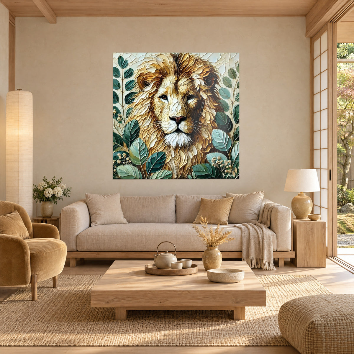 Tableau lion à crinière dorée empâtée parmi des feuilles vert sauge, au-dessus d'un canapé dans un salon lumineux