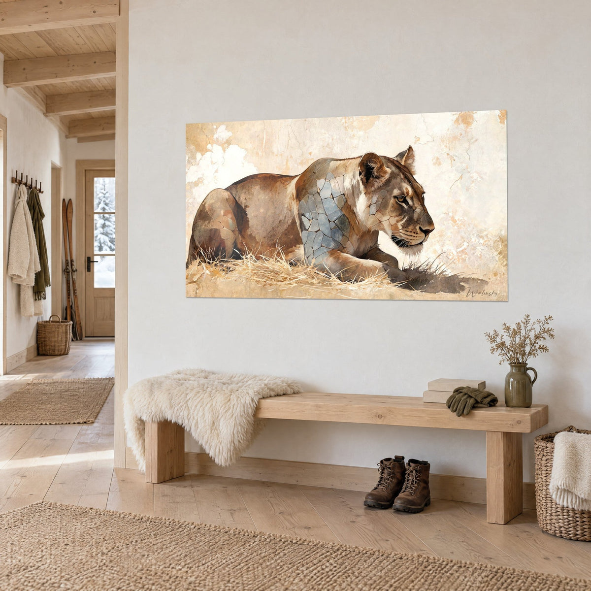 Wall art Lounging lion with ochre coat and blue-grey patches, muzzle stretched to the right, on a white wall, wooden bench, chalet