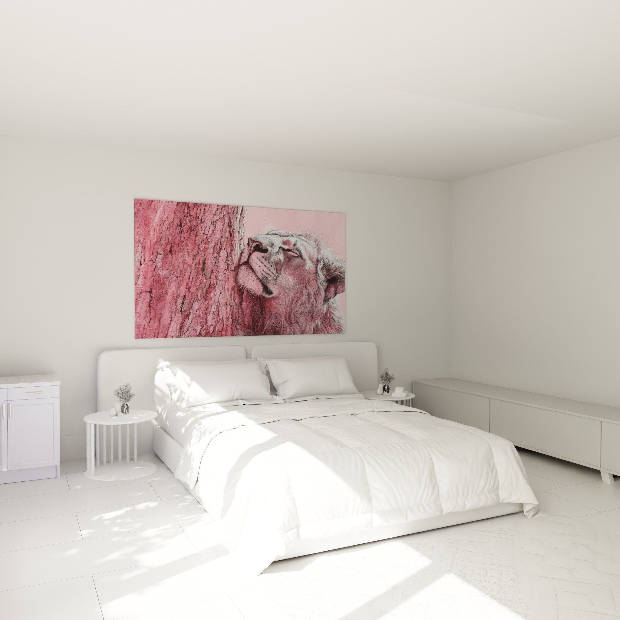 Tableau lion rose contemplatif dans chambre parentale décoration murale apaisante