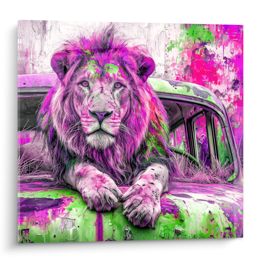Tableau Lion Majestueux aux Couleurs Vives Rose et Vert - Roi Urbain - Edition Lion