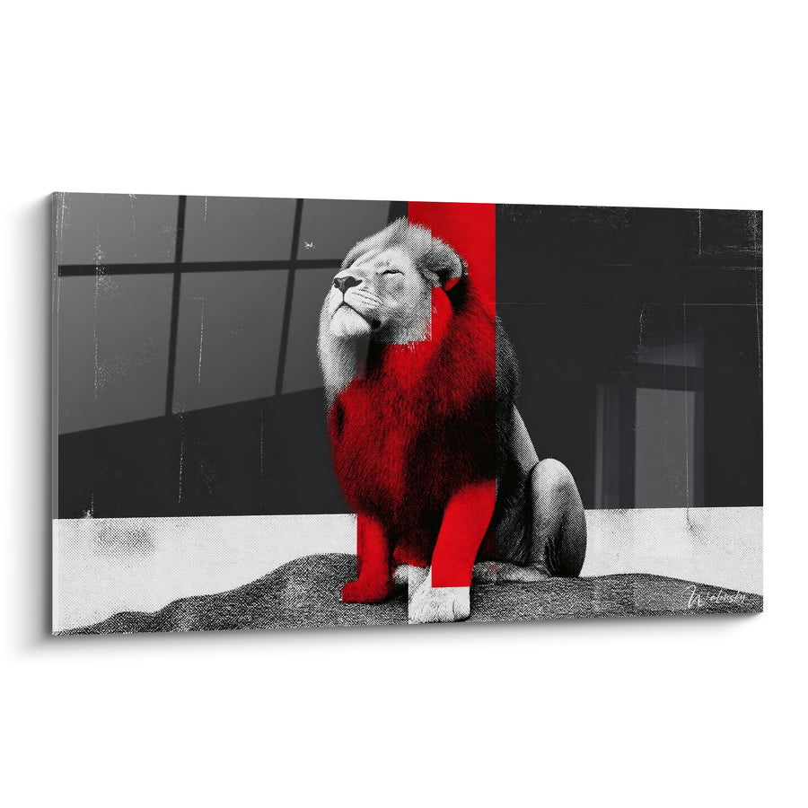 Tableau Lion assis à bande rouge verticale - Fierté suspendue - Edition Lion