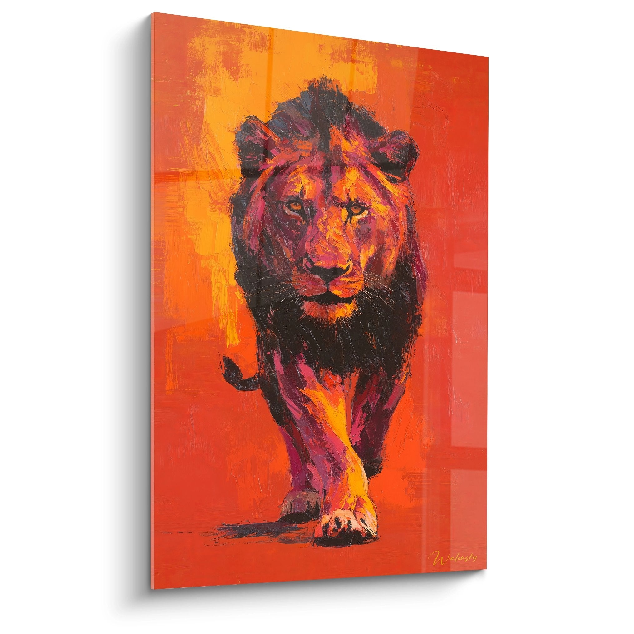 Tableau lion rouge orange expressionniste en mouvement sur fond flamboyant