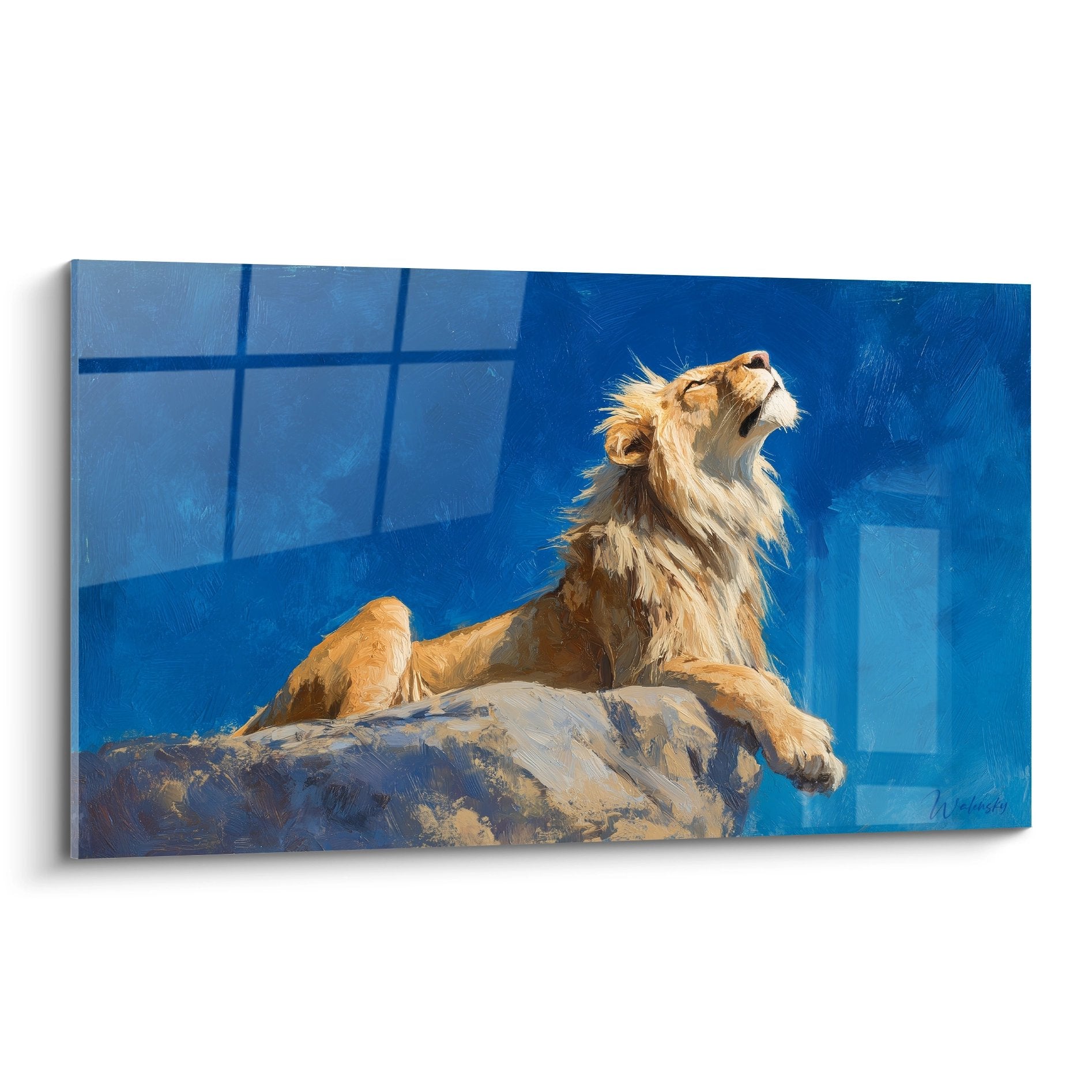 Tableau lion rugissant sur rocher tons bleus et dorés style artistique contemporain
