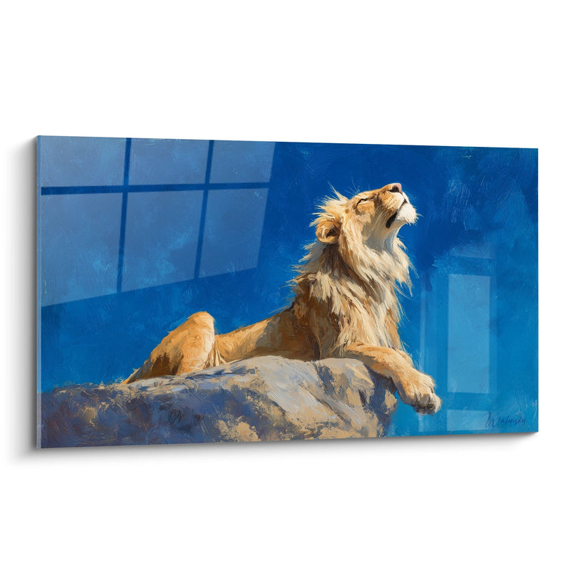 Tableau Lion Majestueux Rugissant sur Rocher Bleu Doré - Puissance Royale - Edition Lion