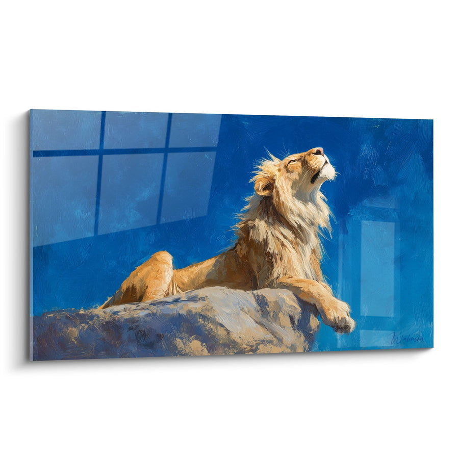 Löwe-Gemälde Majestätisch Brüllend auf goldenem blauem Felsen - Königliche Macht - Löwen-Edition
