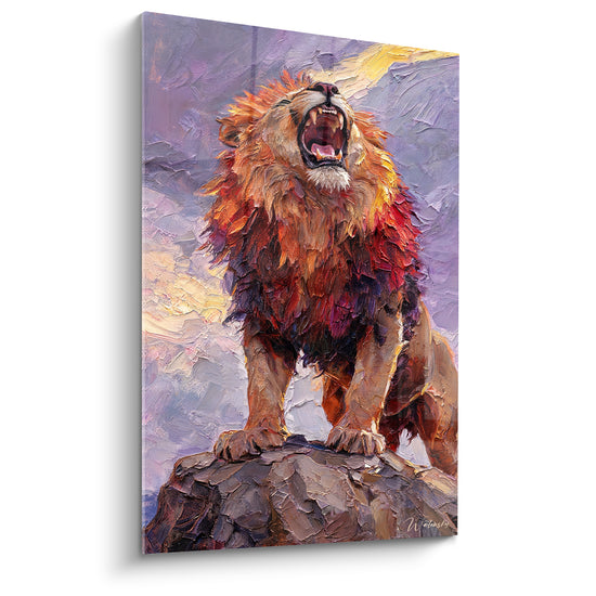 Tableau Lion rugissant crinière orange et violette - Cri du sommet - Edition Lion