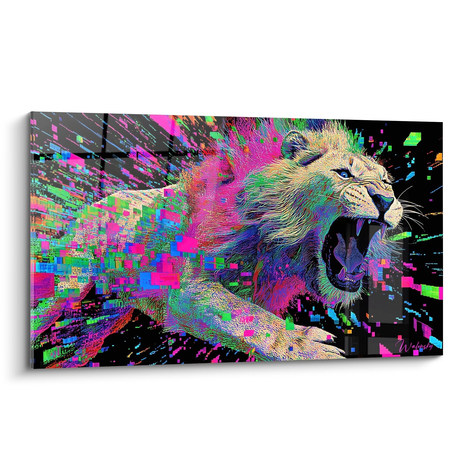 Tableau lion rugissant multicolore avec effets pixels roses verts bleus sur fond noir art moderne