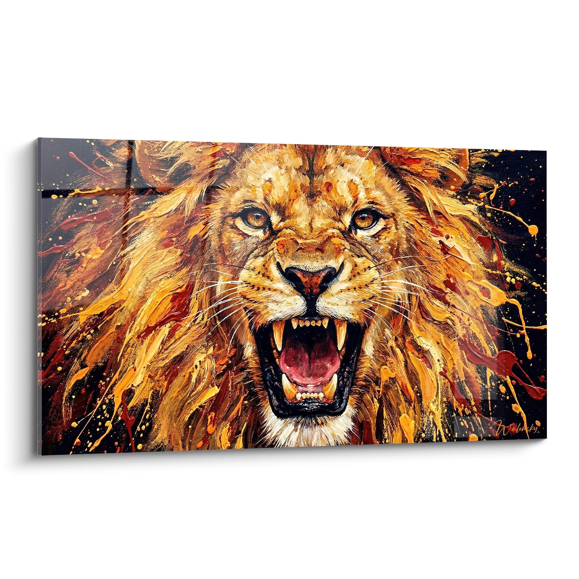 Tableau lion rugissant street art tons dores orange eclaboussures peinture fond noir puissant majestueux