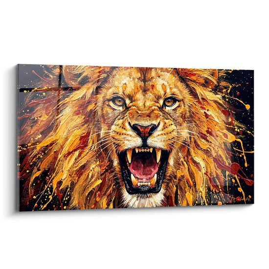Schilderij brullende leeuw in vlammend goud en oranje tinten - Wilde majesteit - Street art dripping spatten editie