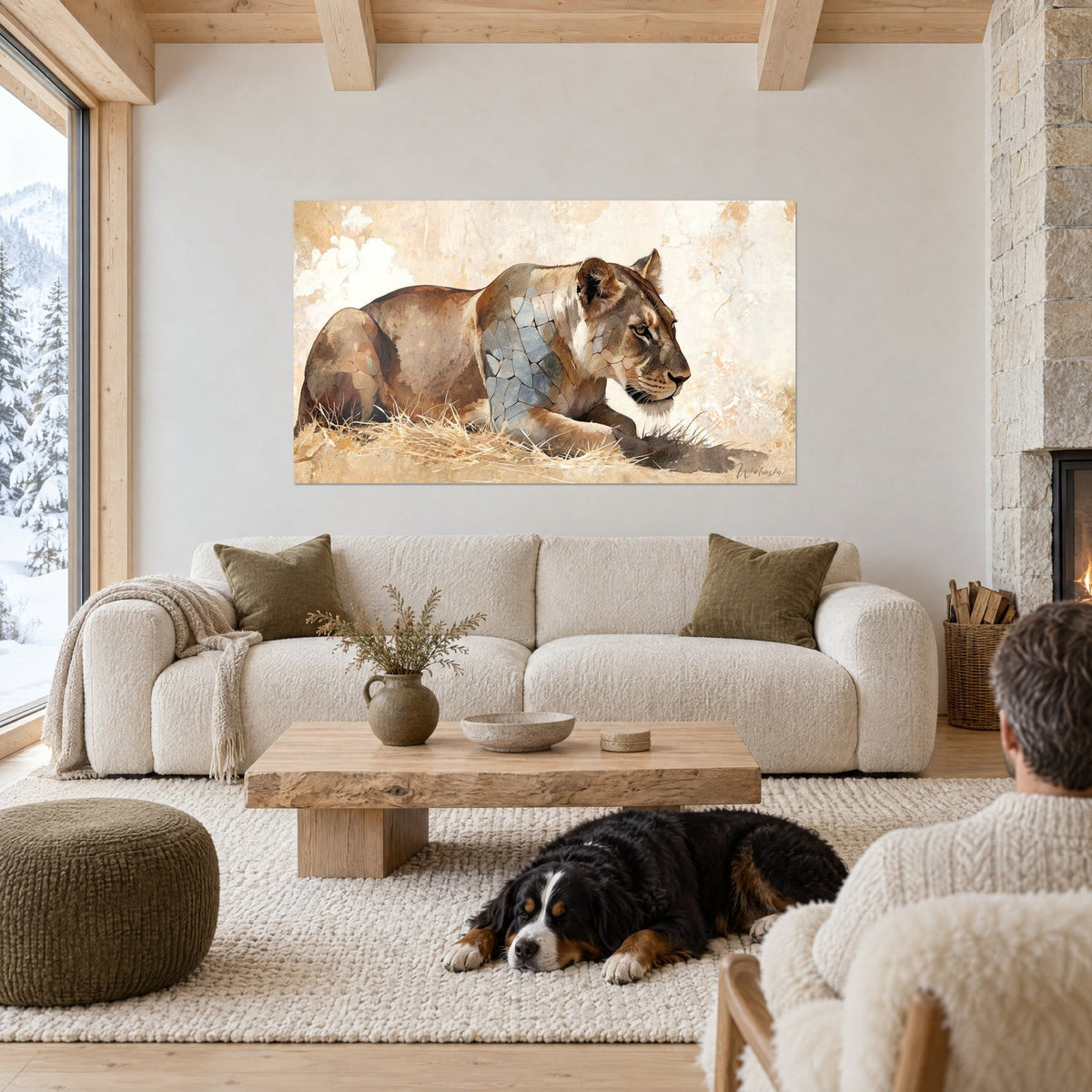 Wall art Reclining lioness with blue-grey scales on cracked cream background, black dog on the floor, above a sofa in a bright living room