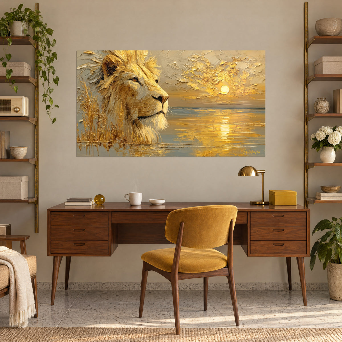 Wall art of a lion's head in thick yellow and silver-grey impasto, tall golden reeds, low sun over the sea, above a wooden desk