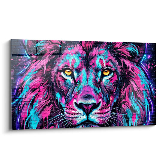 Tableau Lion Majestueux Rose et Turquoise - Roi Électrique - Edition Street art néon fluo