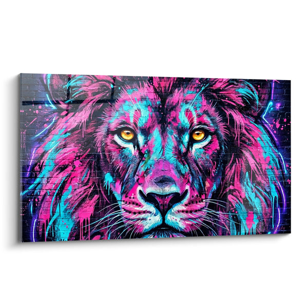 Schilderij Majestueuze Leeuw Roze en Turkoois - Elektrische Koning - Neon Fluor Street art editie