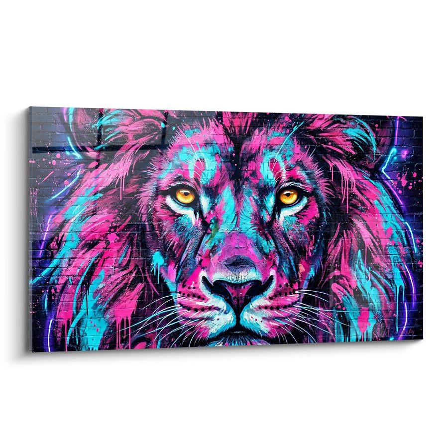 Schilderij Majestueuze Leeuw Roze en Turkoois - Elektrische Koning - Neon Fluor Street art editie