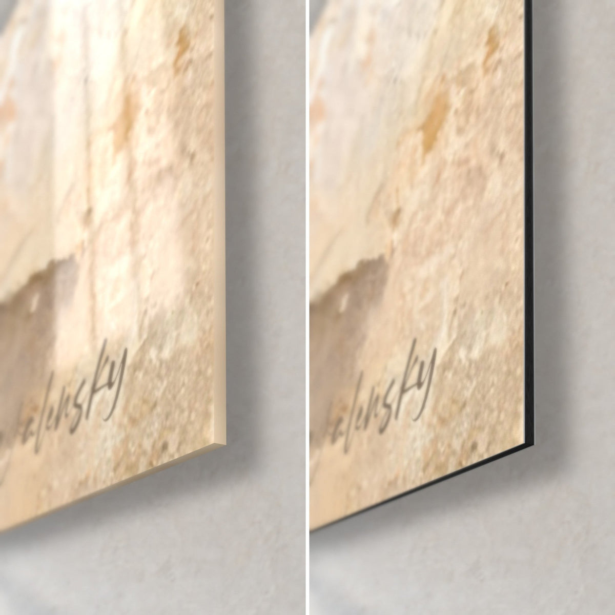 Wall art Lioness in blue-grey and ochre cracked patterns, bottom right corner, glossy acrylic glass and matte Dibond, 3 mm edge