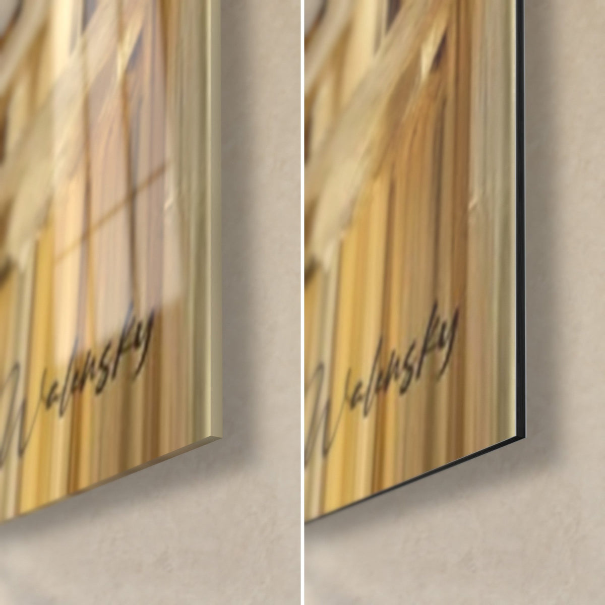 Wall art lion drinking, golden coat and grey water, bottom right corner: glossy acrylic glass on the left, matte black Dibond aluminum on the right