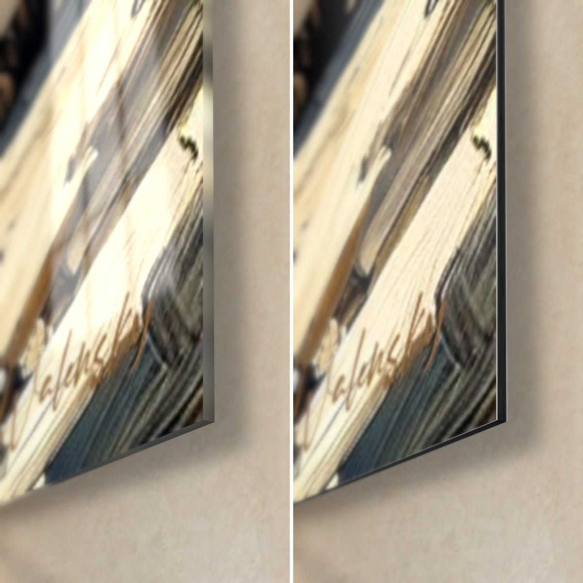 Wall art of a golden drinking lion, bottom right corner: glossy acrylic glass with reflections on the left, matte Dibond aluminium on the right, 3 mm edge