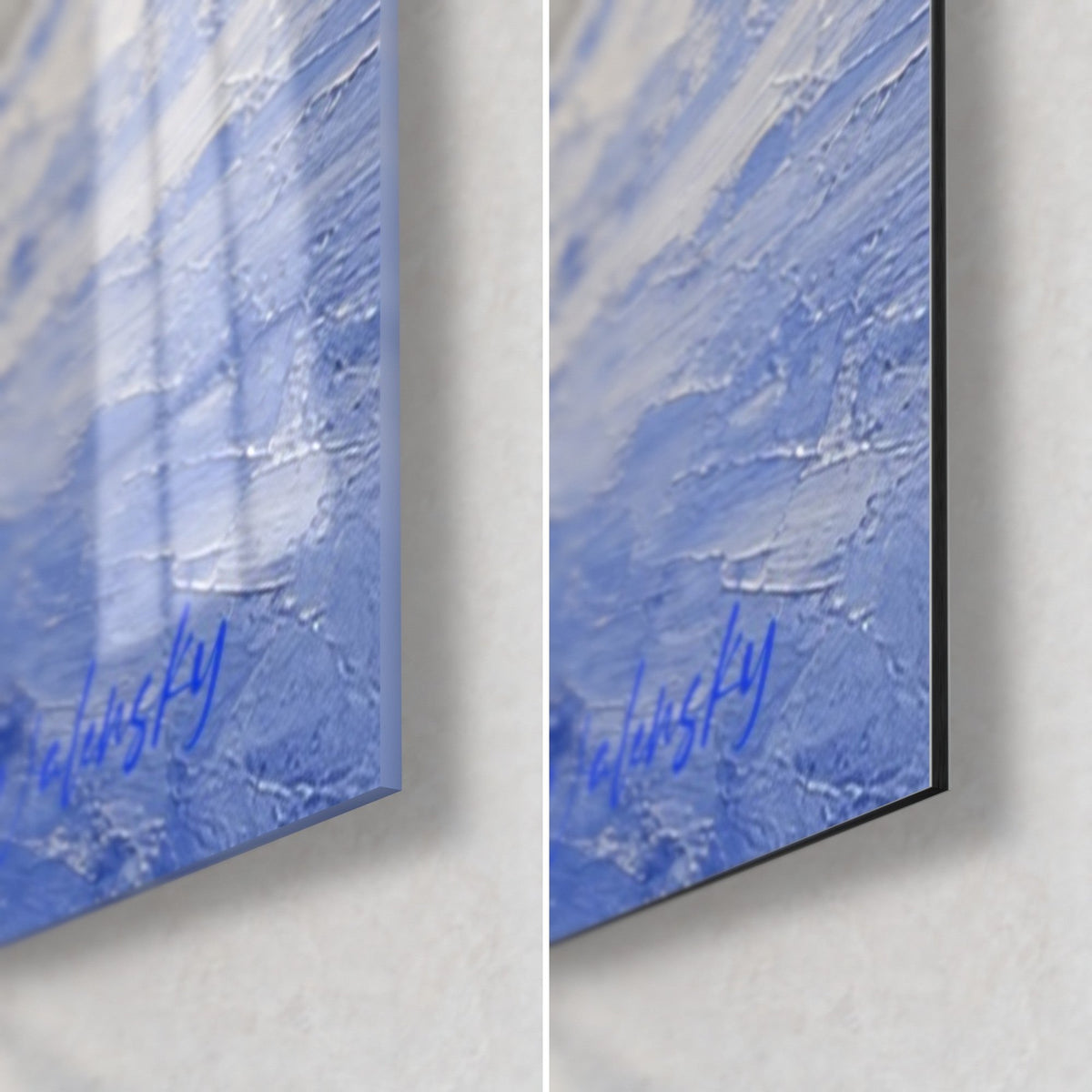 Gemälde sitzender Löwe, untere rechte Ecke: glänzendes Acrylglas links, matt gebürstetes Dibond rechts, 3 mm Kante, blaue Signatur