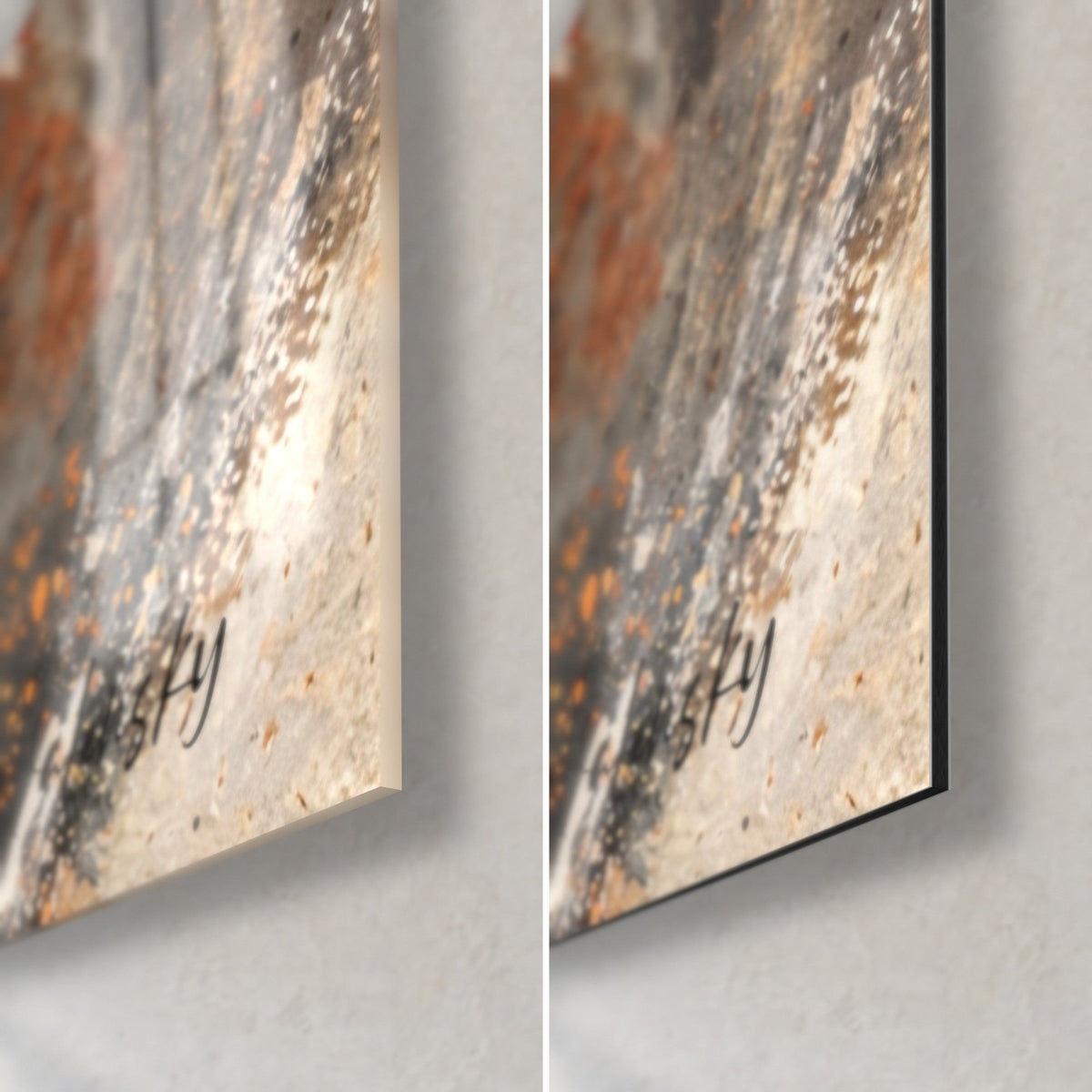 Quadro leonessa tenera accanto al suo maschio, angolo in basso a destra: bordo di 3 mm, vetro acrilico lucido a sinistra, alluminio Dibond nero opaco a destra, scintille ocra