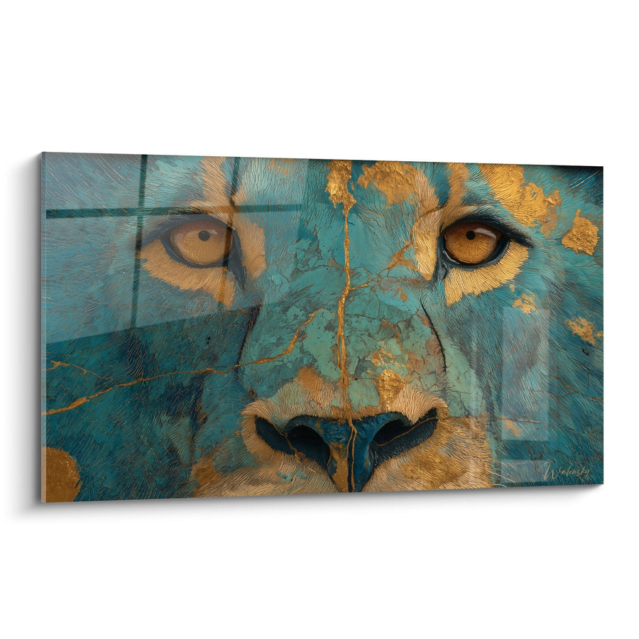 Tableau Lion aux Tons Turquoise et Dorés - Regard Majestueux - Edition Lion