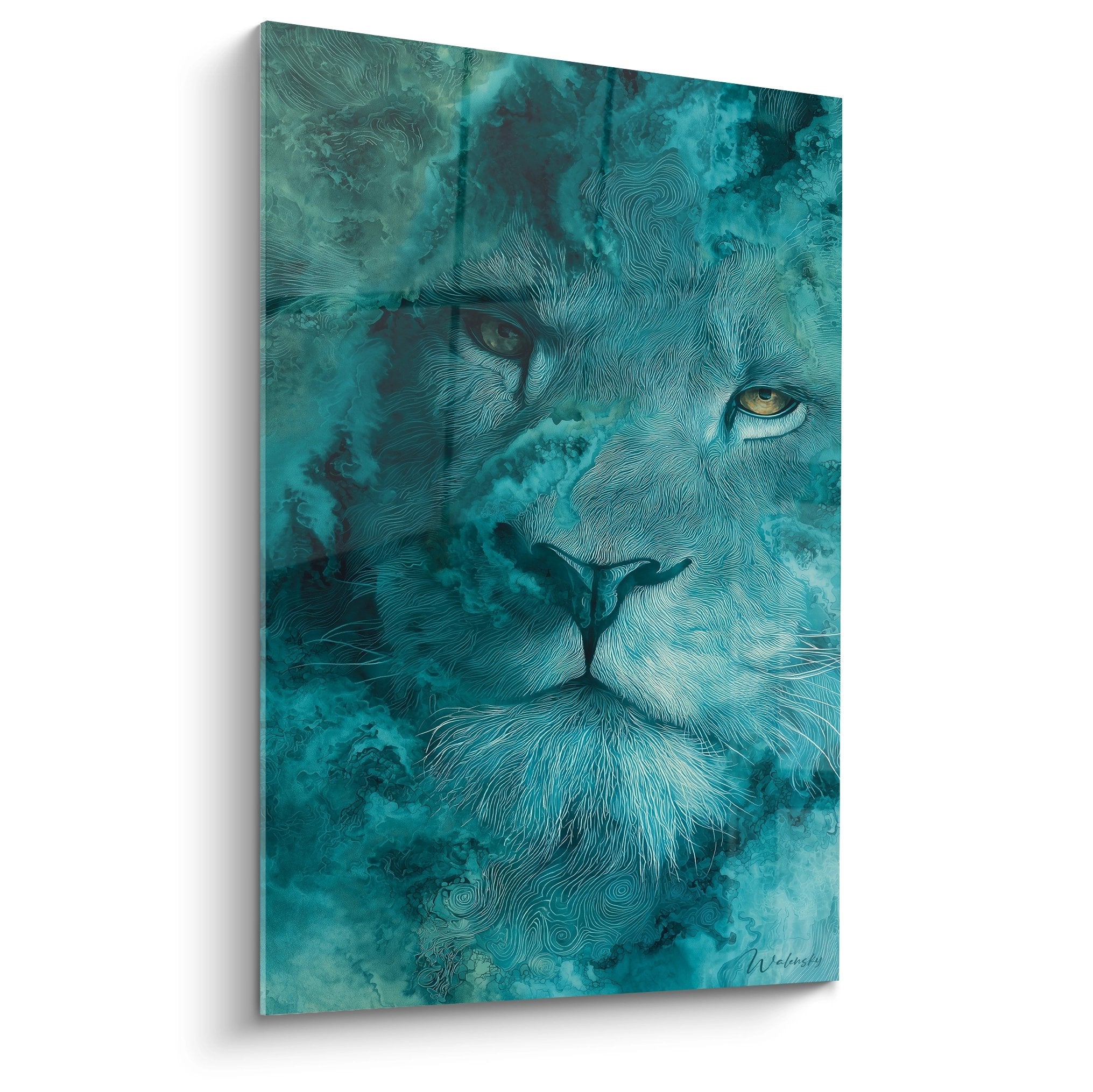 Tableau lion turquoise aux yeux dorés avec motifs ondulants dans nuances aqua et vert d'eau art mural contemporain
