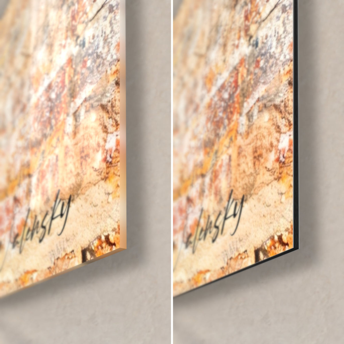 Gemälde Löwenkopf als Schablonenmotiv, glänzendes Acrylglas mit Reflexen links, mattschwarzes Alu-Dibond rechts, ocker- und rostfarbene Ziegel, 3 mm Kante