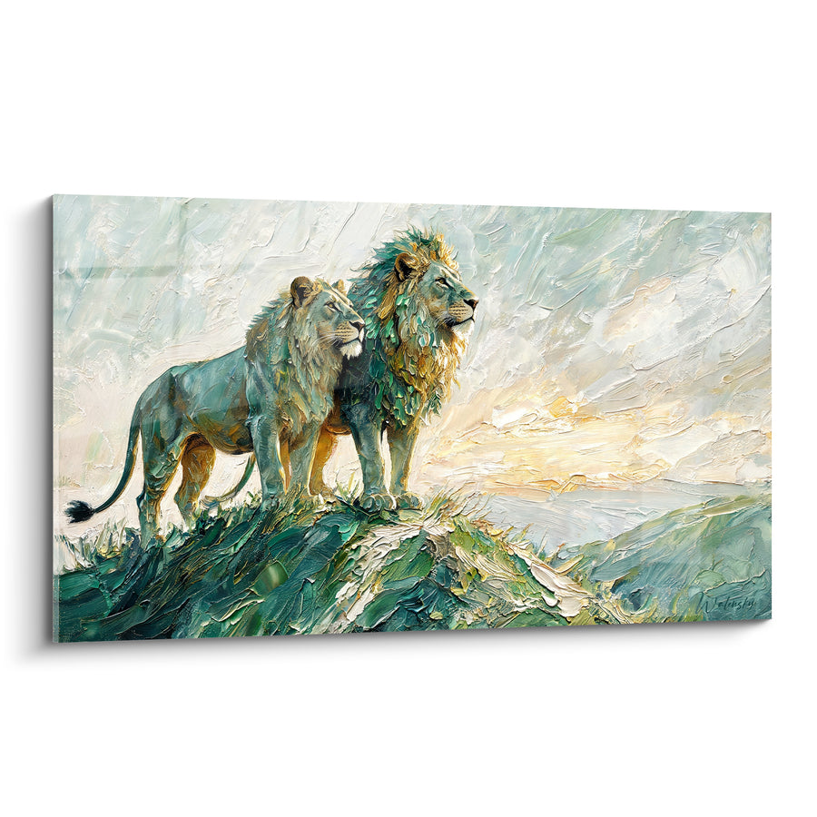 Tableau Lions verts sur promontoire au lever du soleil - Veille au sommet - Edition lion