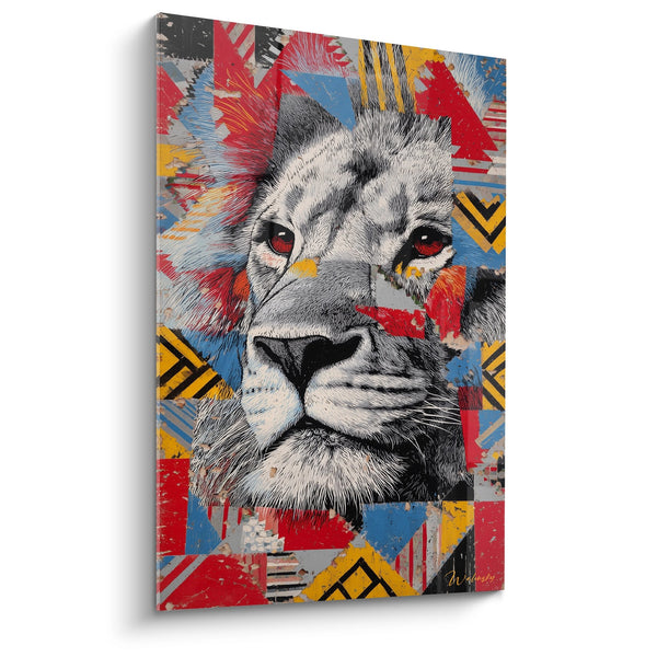 Cuadro León Majestuoso con Ojos Rojos sobre Fondo Geométrico Multicolor - El Rey Urbano - Edición León